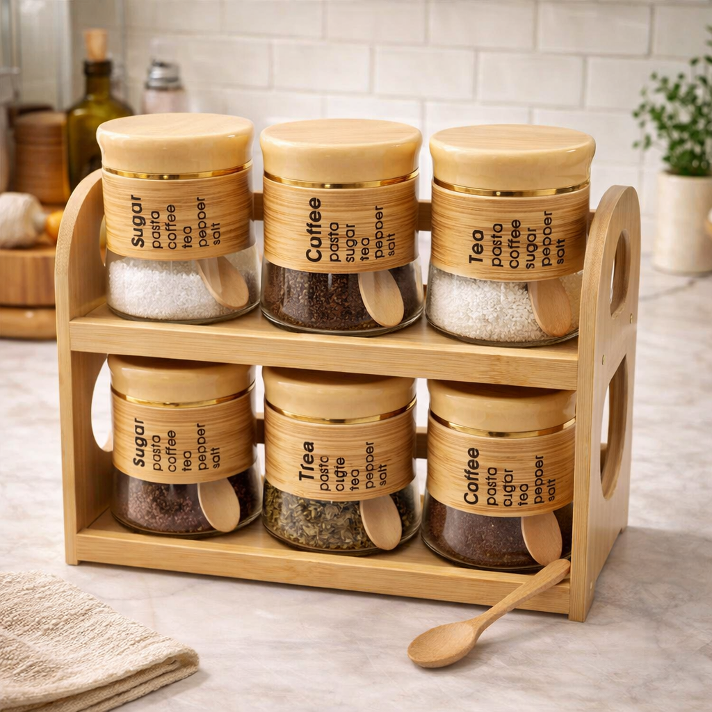 6-Piece Glass Spice Jar Set – Natural Bamboo Wood Stand