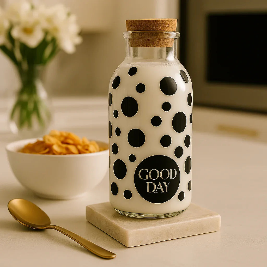 Polka Dot Glass Jar with Cork Top – Stylish Decorative Storage Bottle