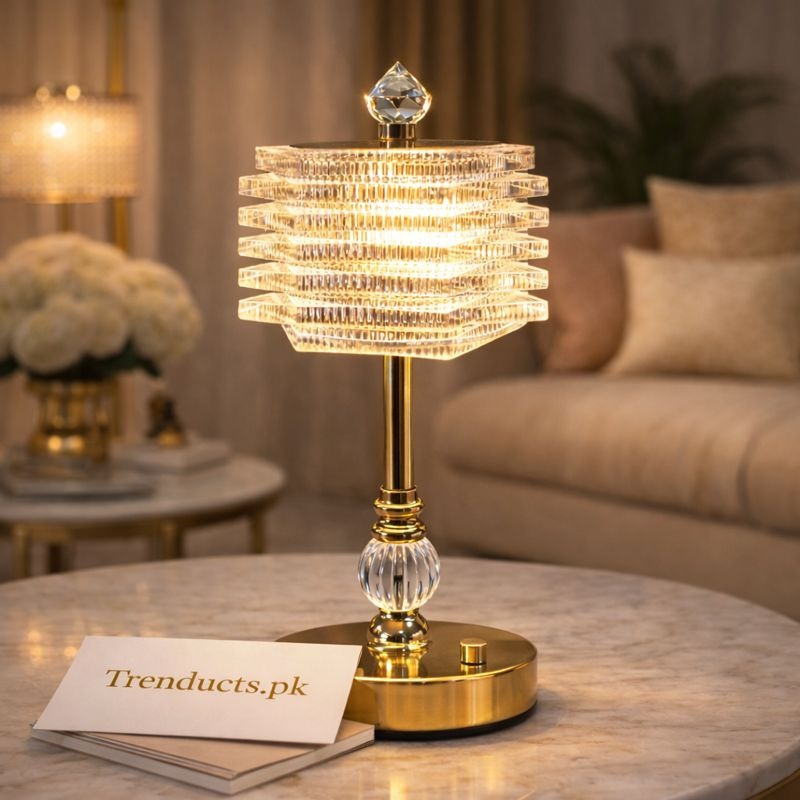 Luxury LED Electric Crystal Tiered Lamp - Modern Gold Night Light for Bedroom & Living Room