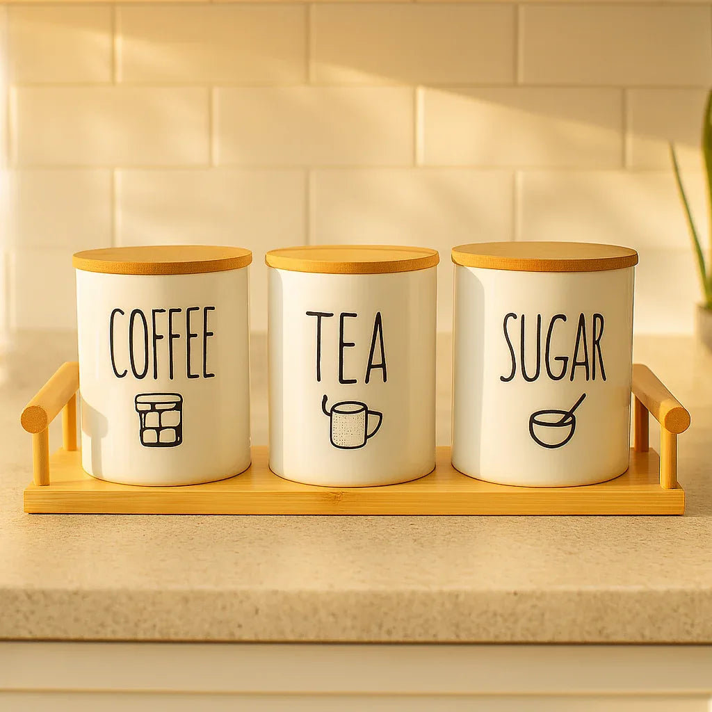 Minimal Ceramic Coffee Tea Sugar Storage Set with Bamboo Base