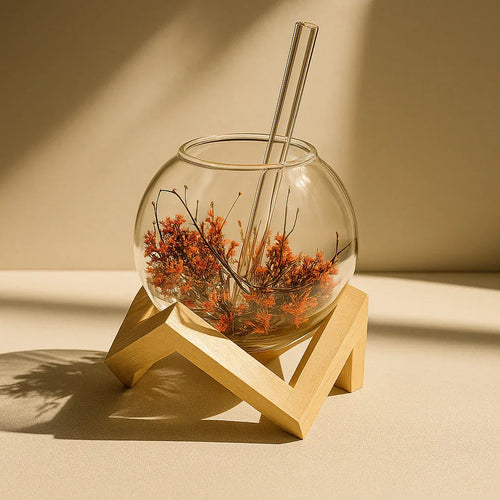 Aesthetic Lunar Glass Mug with Bamboo Stand – 250ml
