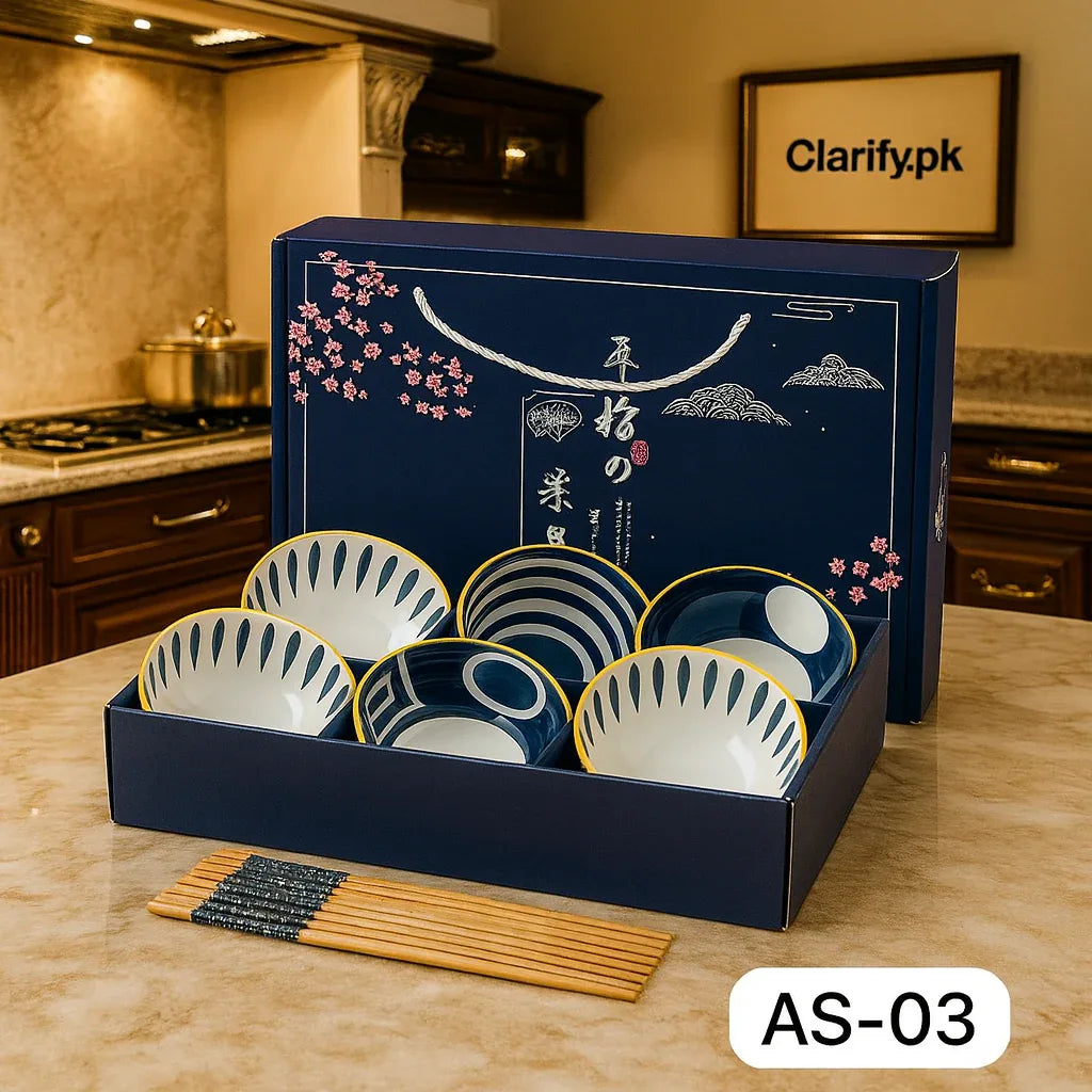 Japanese Ceramic Bowl Set of 6 with Chopsticks – Oriental Blue Blossom Print