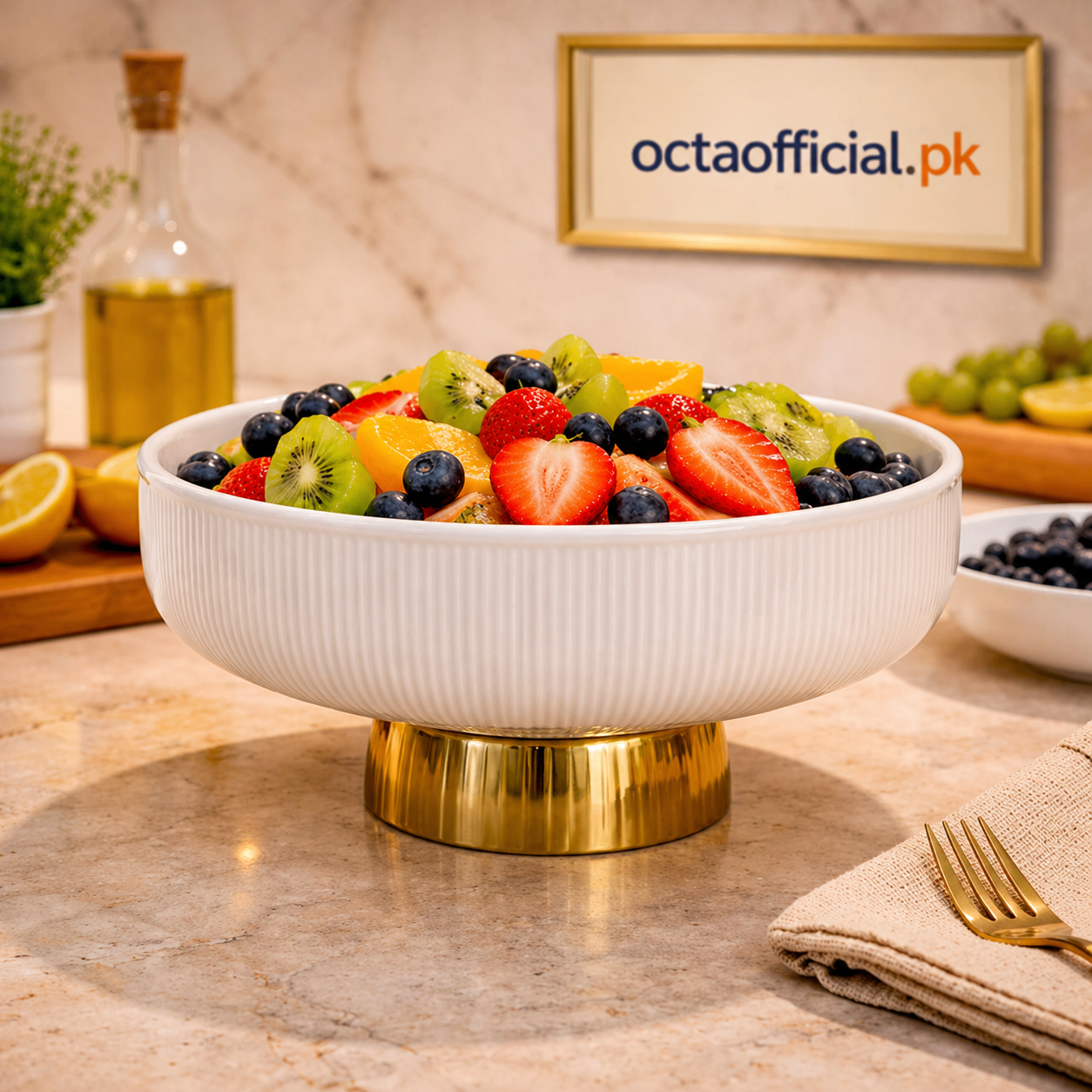 10-Inch Elegant Ribbed Bowl with Golden Pedestal Base (Premium Quality)