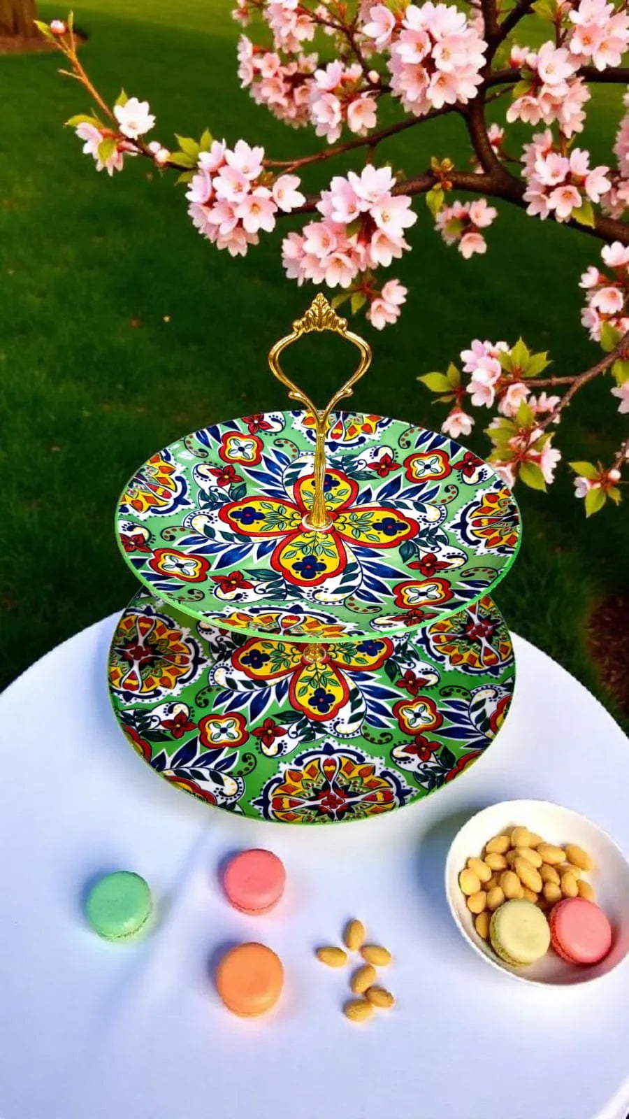 Luxury Green Floral 2-Tier Ceramic Dessert Stand
