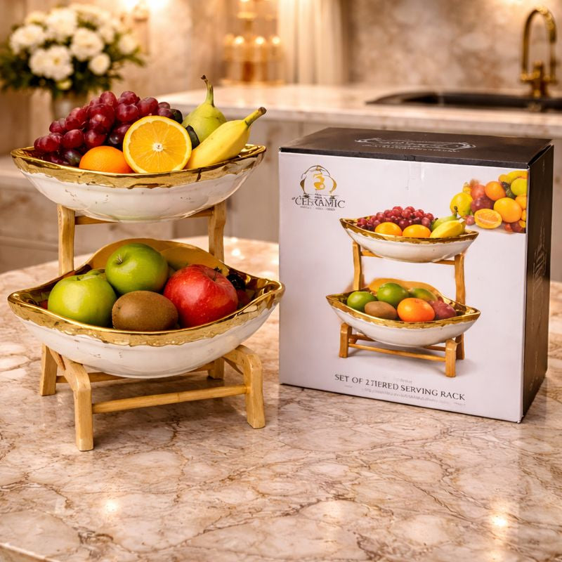 2-Tier Luxury Gold-Rimmed Ceramic Fruit Basket – Double Decker Serving Bowls with Sturdy Bamboo Rack