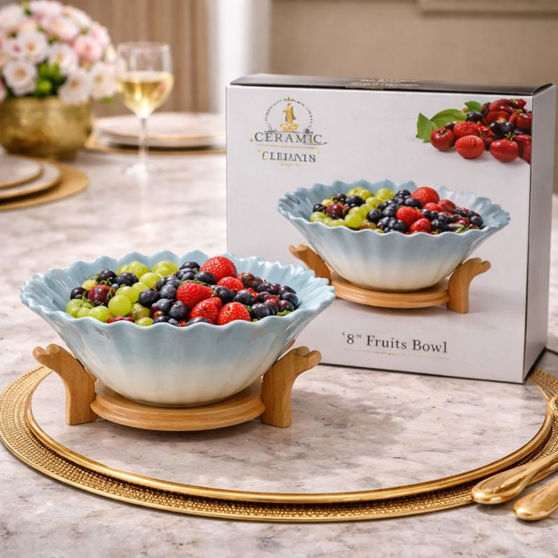 Ceramic Cleianis Fluted Serving Bowl – 8" Aesthetic Bowl with Elegant Wood Base