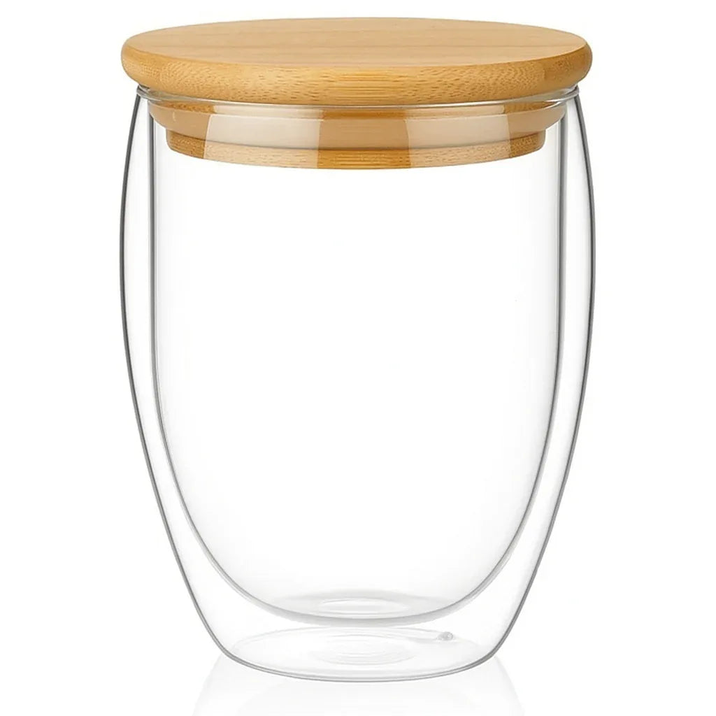 Double-Walled Glass Coffee Cup with Wooden Lid – Premium