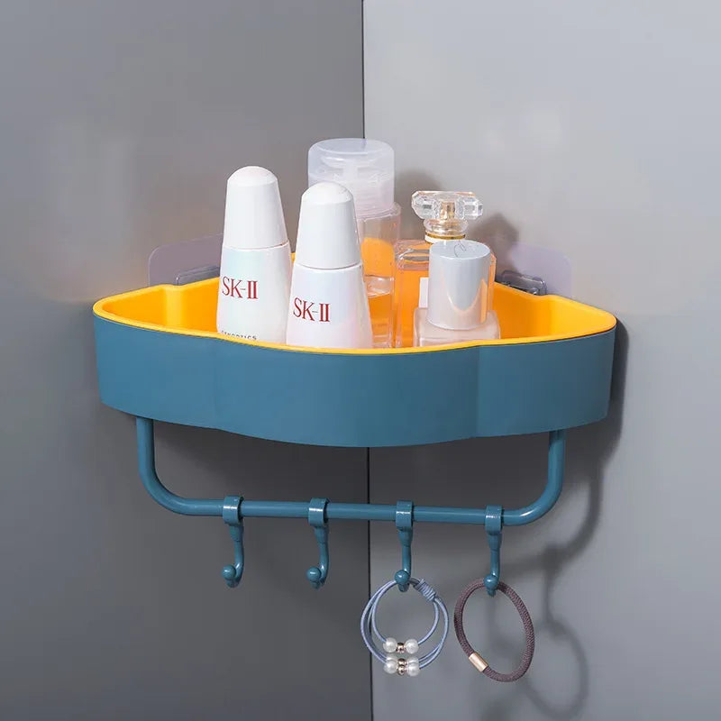 Wall-Mounted Corner Shower Shelf with Hooks