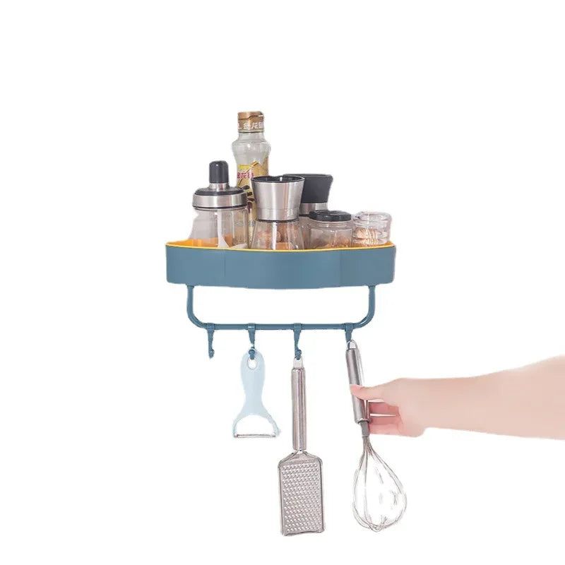 Wall-Mounted Corner Shower Shelf with Hooks