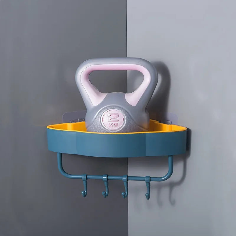 Wall-Mounted Corner Shower Shelf with Hooks