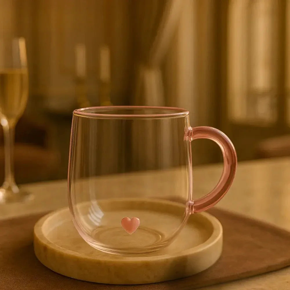 Blush Heart Double-Wall Glass Mug - Stylish & Durable