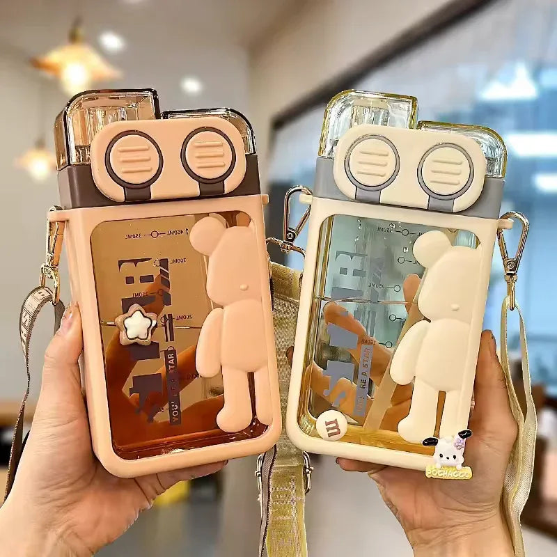 Cartoon Bear Water Bottle with Strap  (Random color)