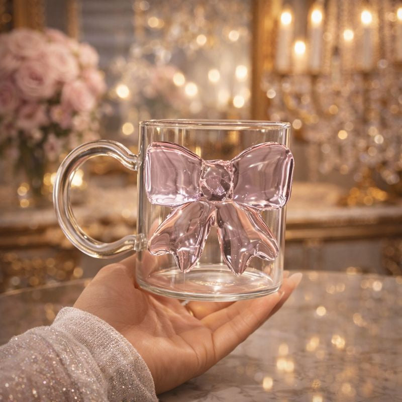 Luxury 3D Pink Bow Glass Mug With Handle - Elegant Coquette-Style Coffee & Tea Cup