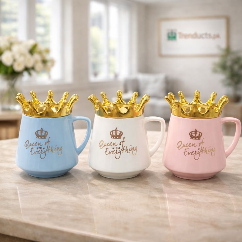 Queen of Everything Crown Mug - Luxury Ceramic Coffee Cup with Gold Crown Lid (each)