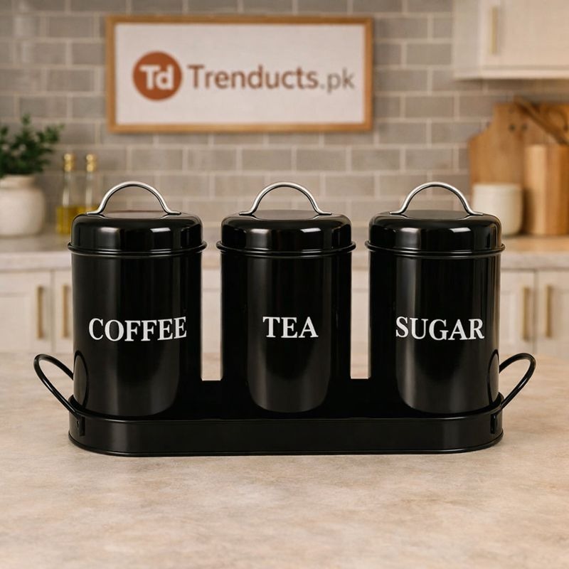 Vintage Retro Metal Kitchen Canister Set – Tea, Coffee, & Sugar Trio with Tray