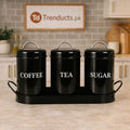 Vintage Retro Metal Kitchen Canister Set – Tea, Coffee, & Sugar Trio with Tray