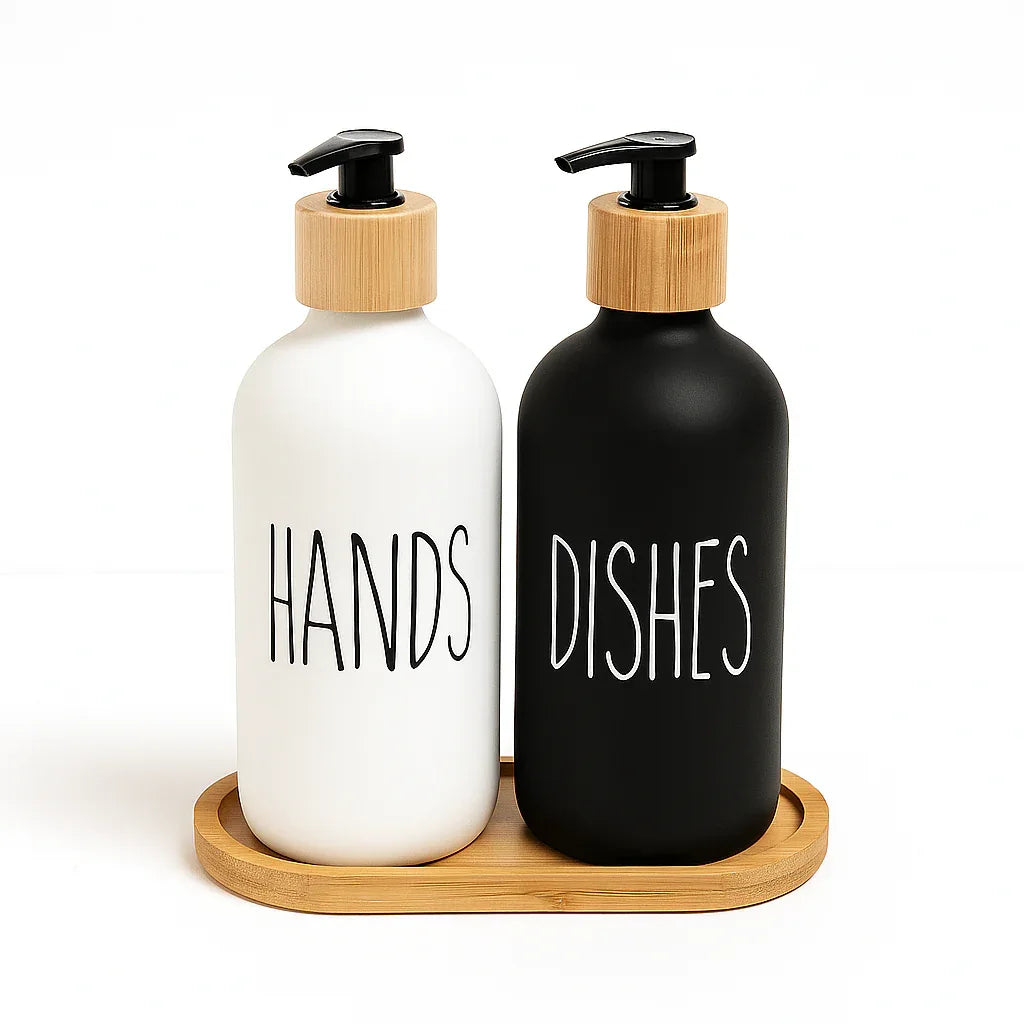 Modern Hand & Dish Soap Dispenser Set with Wooden Base
