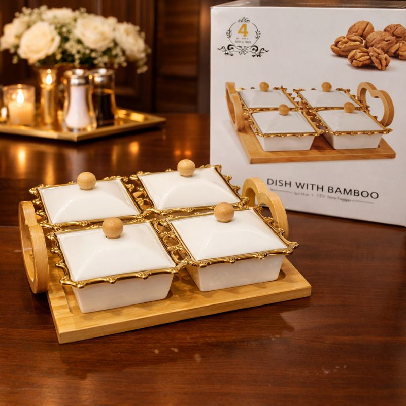 4-Compartment Square Gold-Trimmed Serving Dish – Aesthetic Ceramic Trays