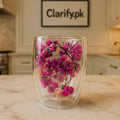Purple & Magenta Floral Double Wall Glass Cup – Heat-Resistant Mug