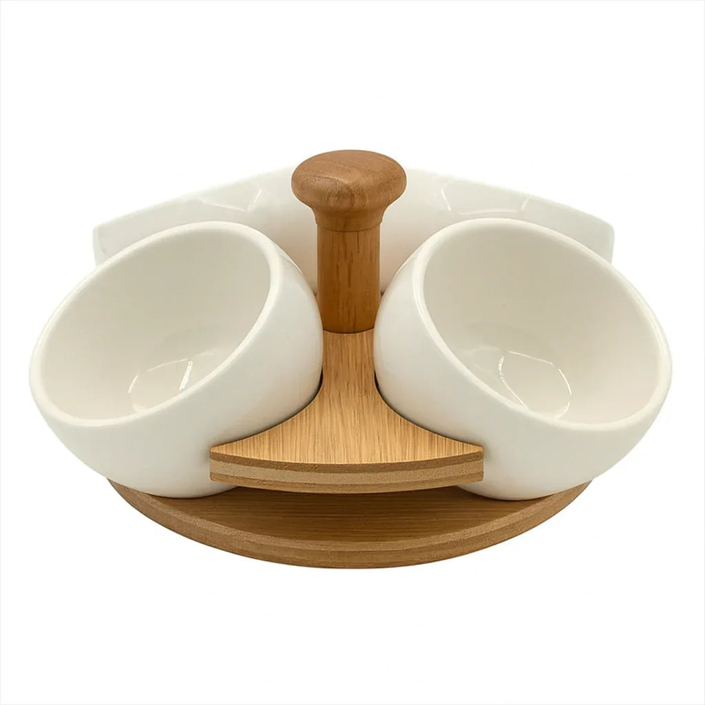 Luxury Ceramic Condiment Bowl Set with Wooden Stand – 4 Pieces