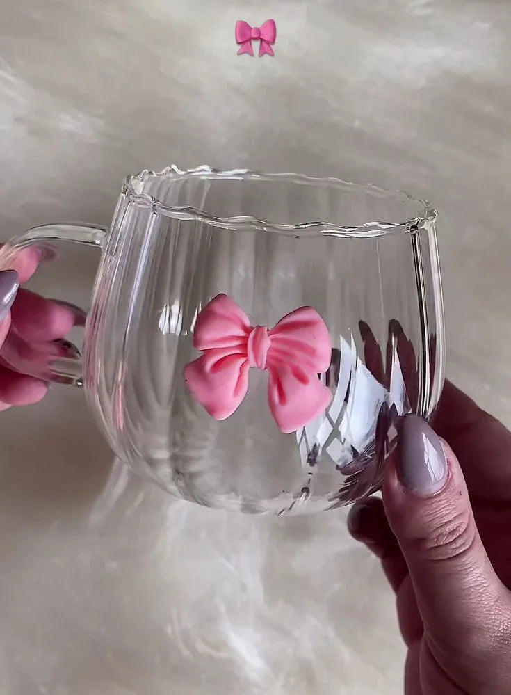 Modern Bow Design Glass Cup – Aesthetic Tea & Coffee Mug