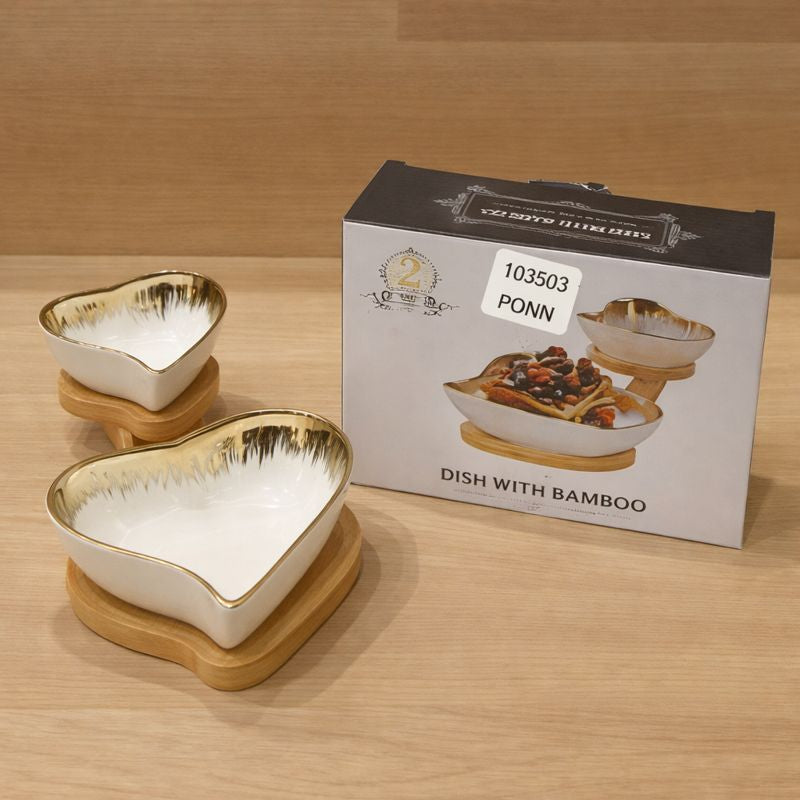 Heart-Shaped Gold-Rimmed Ceramic Serving Set – 2-Piece Aesthetic Snack Bowls with Natural Bamboo Bases
