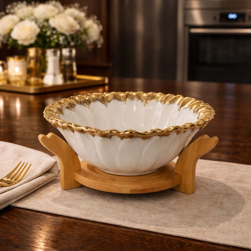 Premium Scalloped Gold-Trimmed Ceramic Fruit Bowl – 8" Aesthetic Centerpiece with Natural Wood Stand