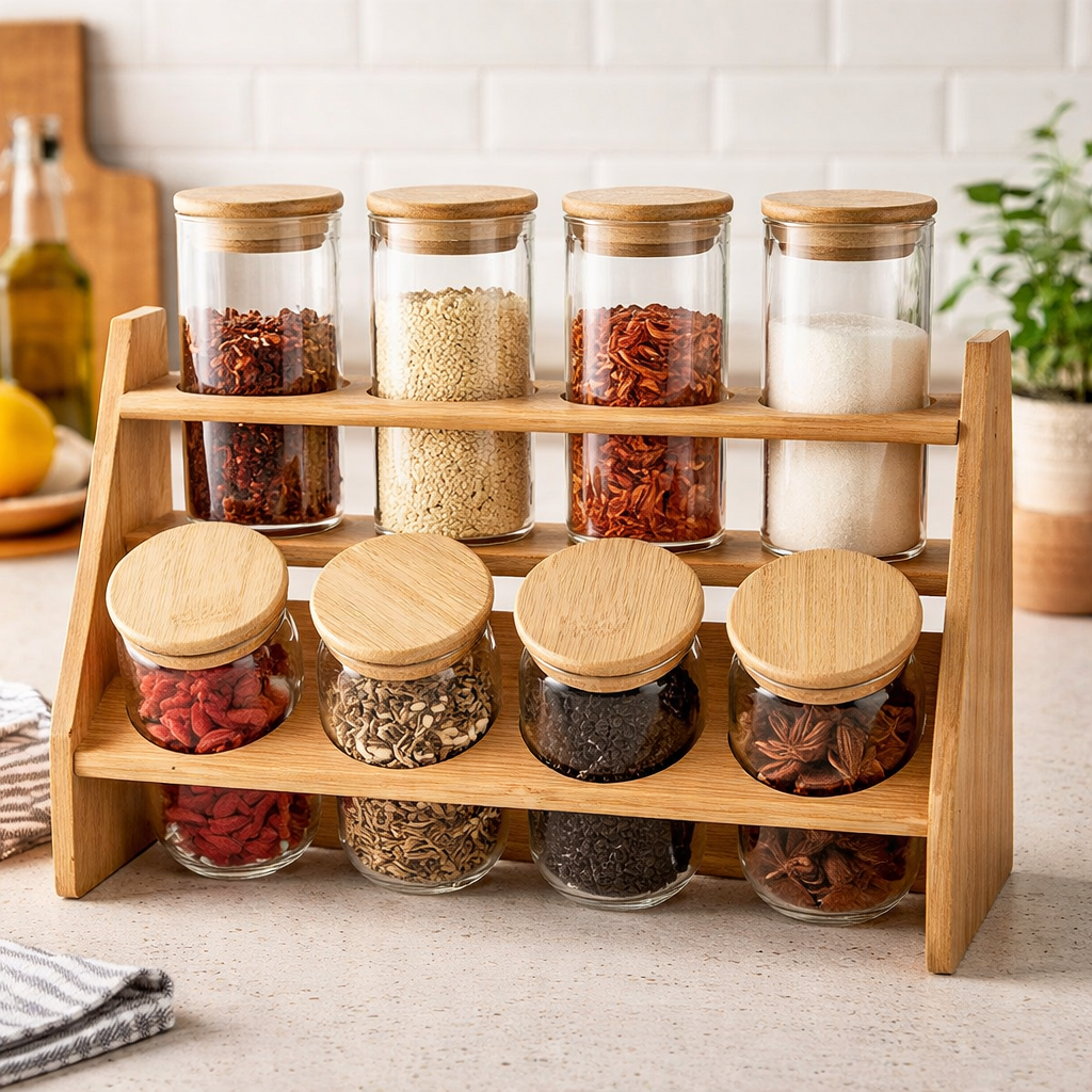 Premium 8pcs Glass Spice Jar Set with Scalloped Bamboo Stand
