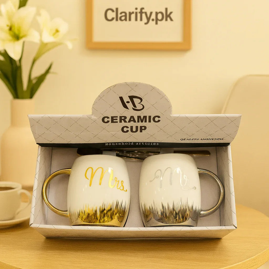 Ceramic Couple Mugs - Mr. & Mrs. Gold Handle