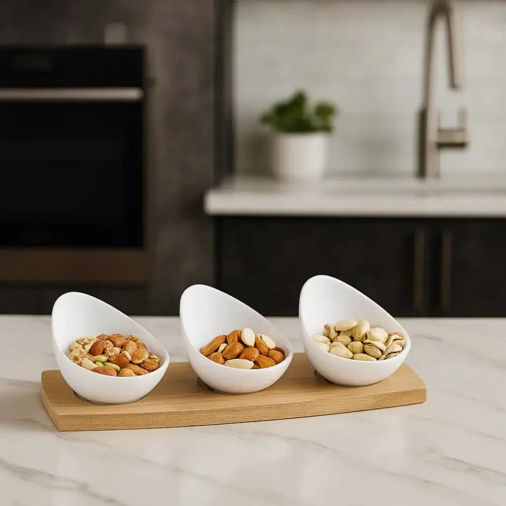 Ceramic Snack Bowl Set with Wooden Tray