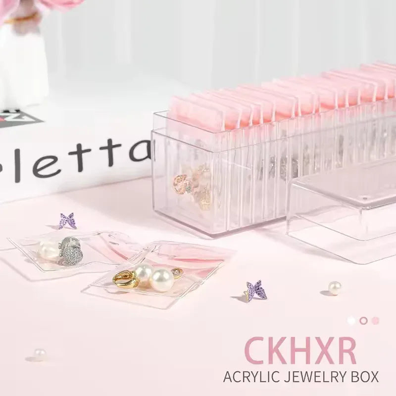 Clear Jewelry Organizer Box with 20 pvc Resealable Zip Bags - Compact Storage Case for Rings, Earrings, Necklaces &amp;  Small Accessories