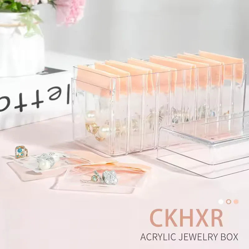 Clear Jewelry Organizer Box with 20 pvc Resealable Zip Bags - Compact Storage Case for Rings, Earrings, Necklaces &amp;  Small Accessories