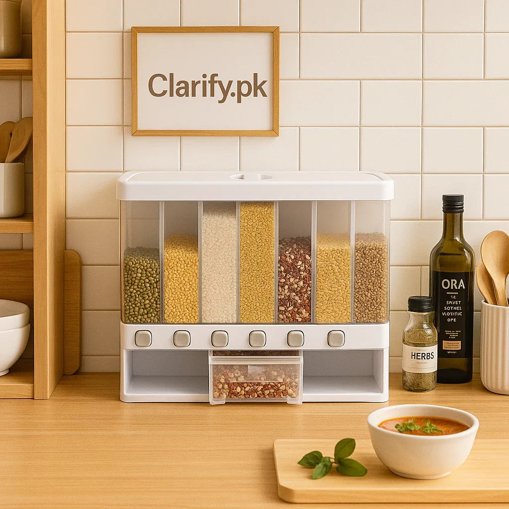 6 in 1 Rice Dispenser with Multi-Compartment Storage