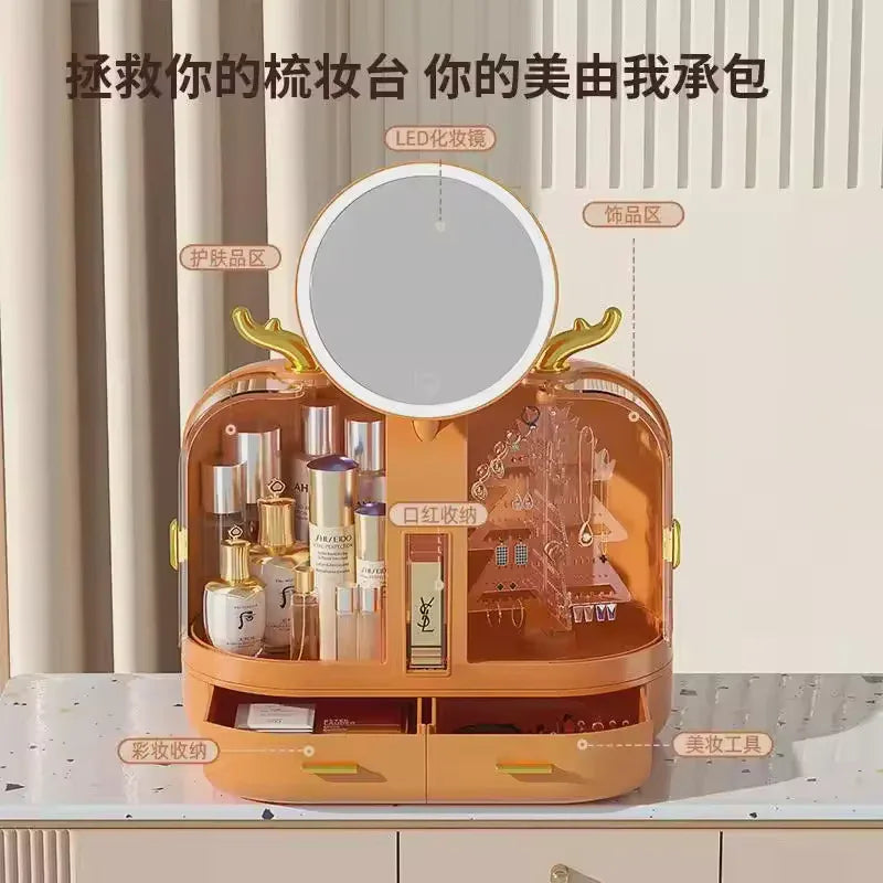Cosmetic Storage Box with Mirror & Jewelry Holder