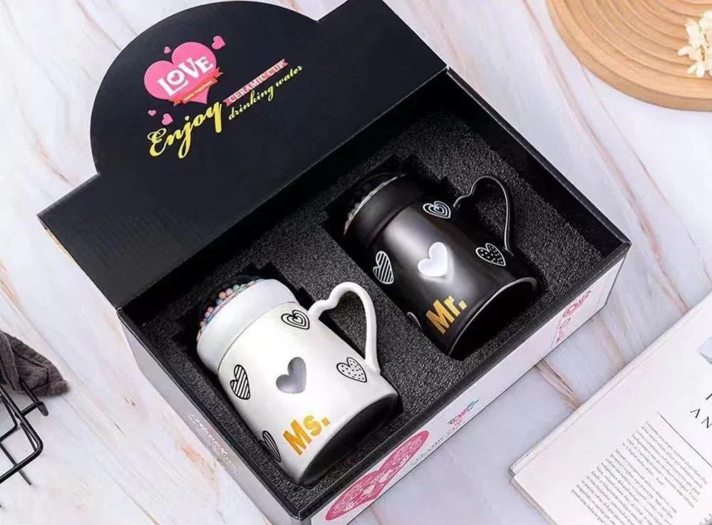 Couple Mugs Gift Set Mr & Ms Hearts Design