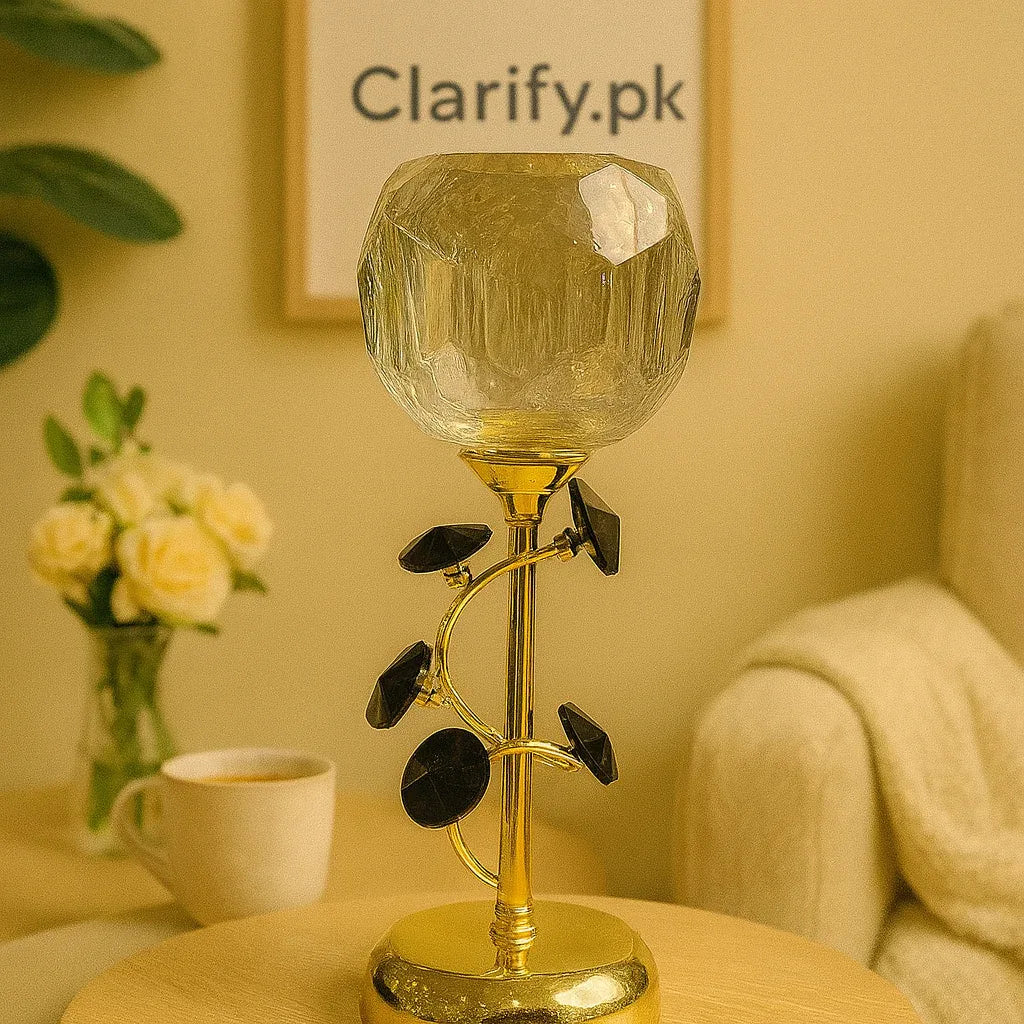 Crystal Leaf Goblet Candle Holder – Decorative Golden Stand for Living Room