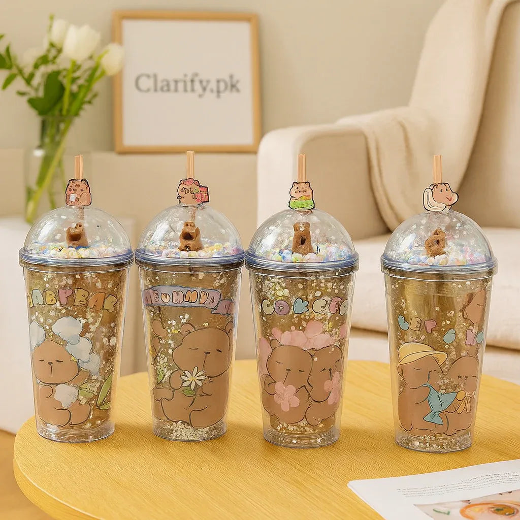 Cute Cartoon Bear Water Bottle with Straw