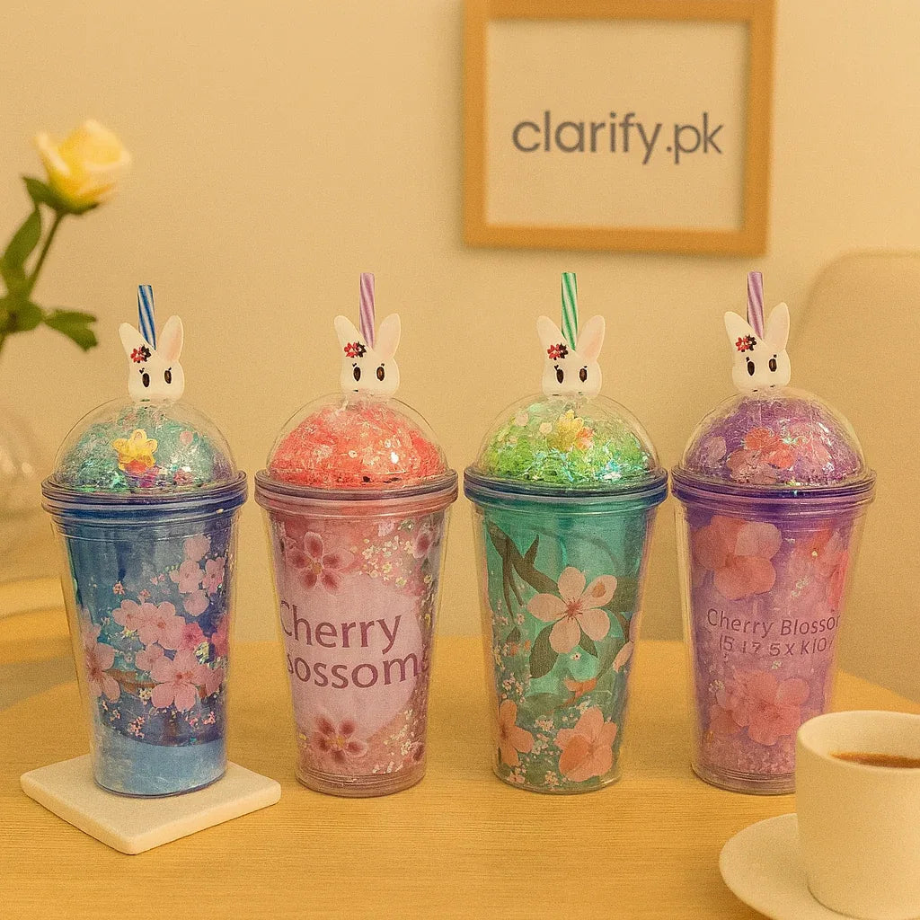 Floral Cherry Blossom Water Bottle with Bunny Lid