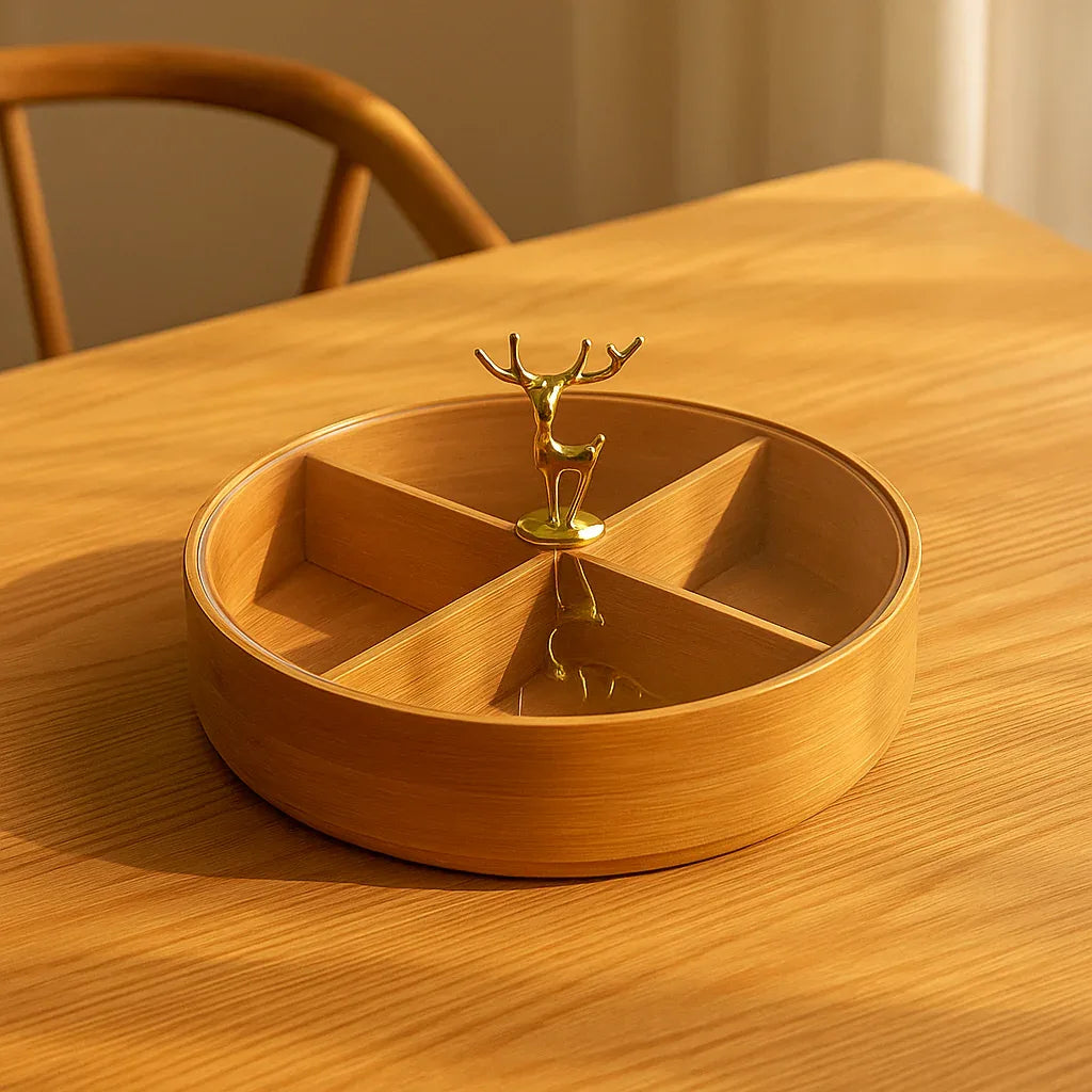 Round Wooden Dry Fruit Box with Lid – 4 Compartments