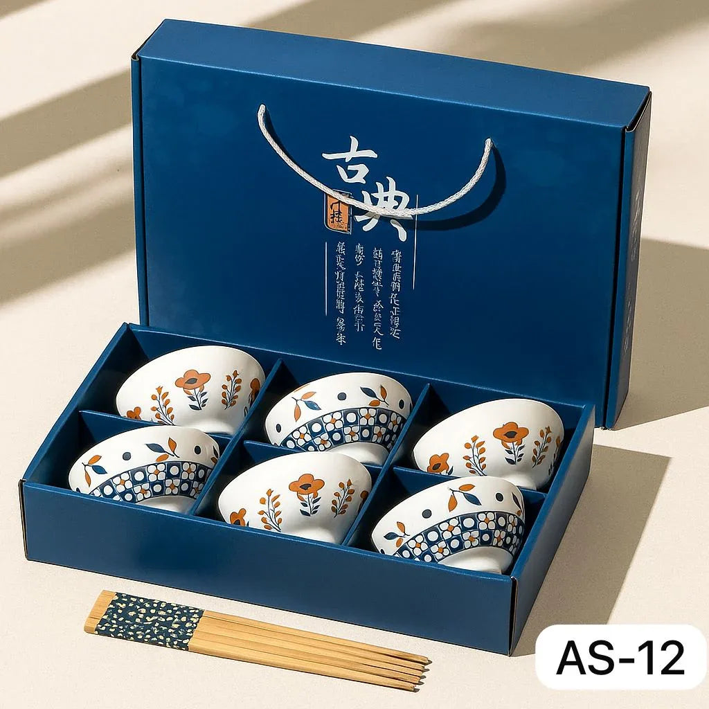 Japanese Ceramic Bowl Set of 6 with Chopsticks – Indigo Floral Print