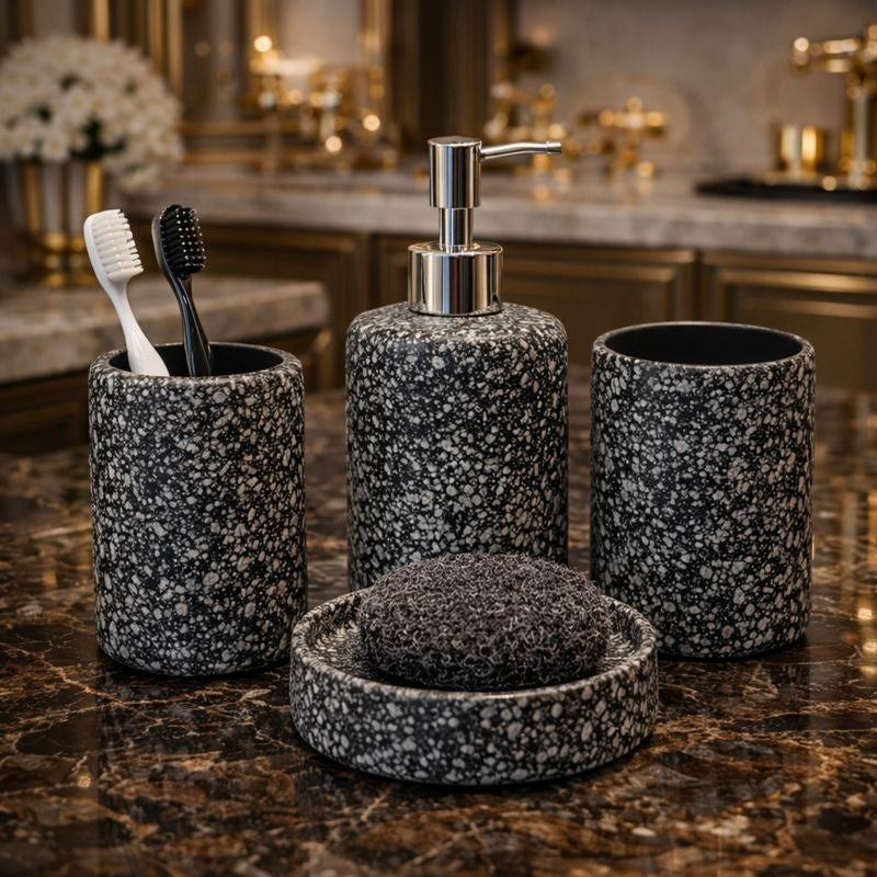 Modern 4-Piece Speckled Granite-Style Ceramic Bathroom Accessory Set