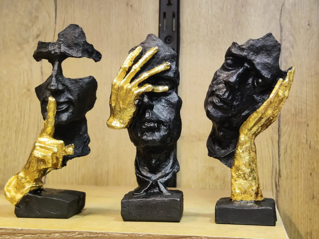 Premium Black Abstract Face Statue Set – Modern Fiber Art Décor