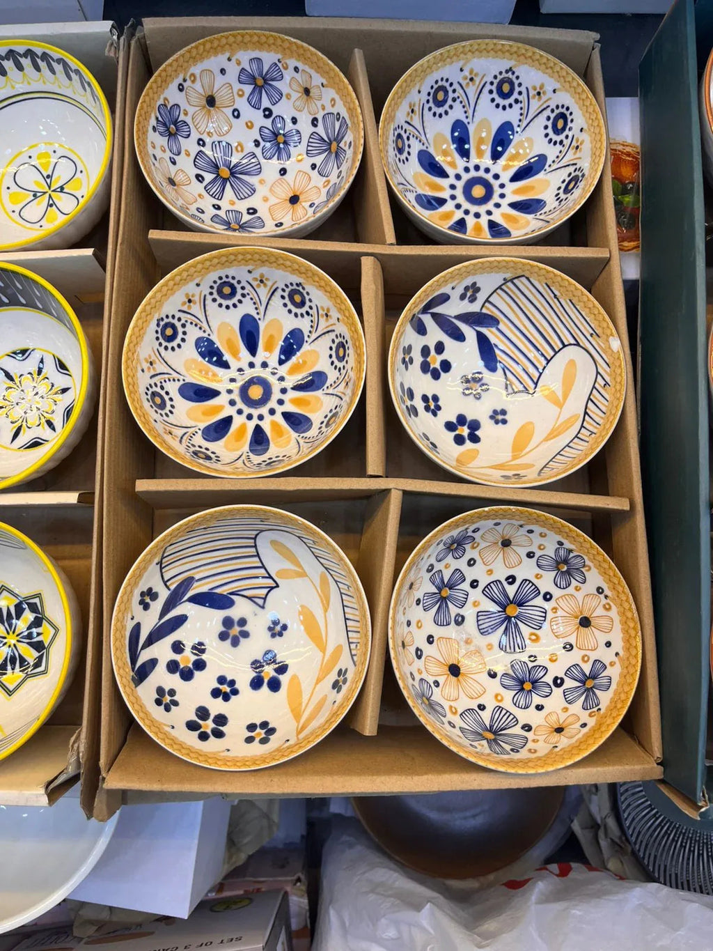 Premium 6 Pcs Ceramic Bowl Set – Blue & Mustard Pattern
