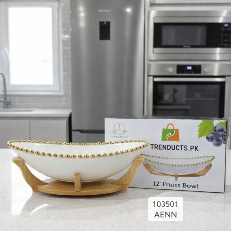 Large Oval Ceramic Centerpiece Bowl – Gold Trim with Elegant Wood Holder