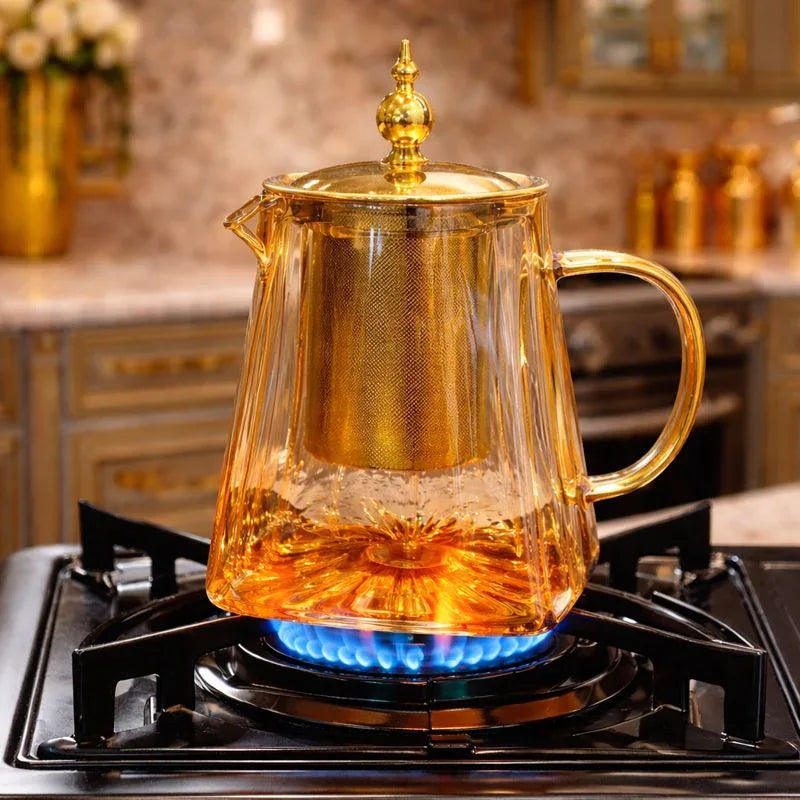 Premium Glass Tea Kettle with Golden Finish & Infuser