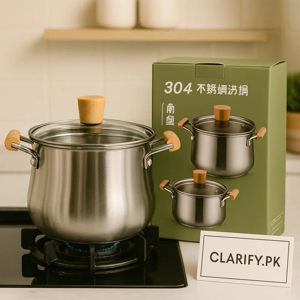 Elegant Stainless Steel Cook Pot – Wooden Grip Handles & Clear Lid