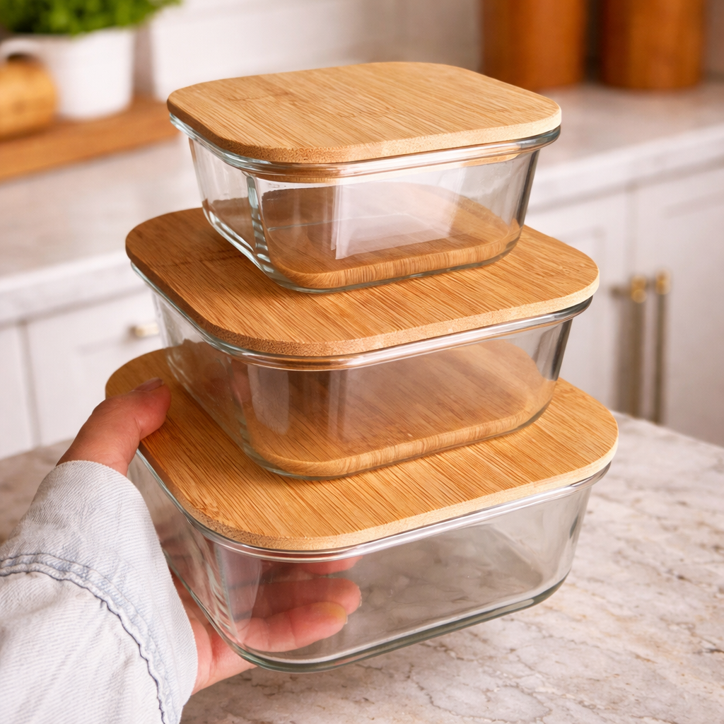 Luxury Eco-Square 3 Pieces Glass Dish Set with Bamboo Lids