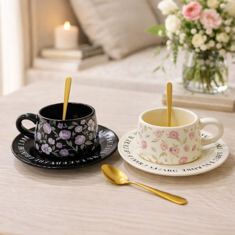 Ceramic Coffee Cup Set - Includes Matching Saucer & Spoon (each)