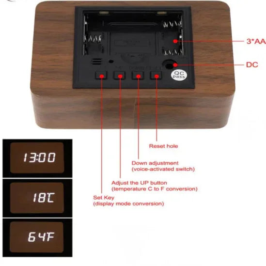 Digital Wooden Alarm Clock with LED Display