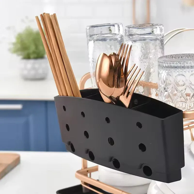 Dish Drying Rack with Cutlery Holder – Rose Gold